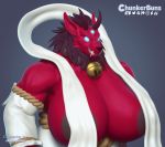  anthro areola areola_slip bell big_breasts breasts chunkerbuns fangs female horn huge_breasts jingle_bell small_head 