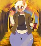  2018 absurd_res ambiguous_gender anthro autumn bangs belly belly_overhang big_eyes biped bottomwear cellphone chiropteran clothing detailed_background digital_media_(artwork) eyewear fangs glasses hair hi_res holding_object honduran_white_bat jacket jeans mammal microchiropteran midriff morgan_(bcr) navel pants phone phyllostomid plankboy purple_eyes shirt signature slightly_chubby smile solo thick_thighs tight_clothing topwear tree white_hair wide_hips wings yangochiropteran 