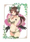  1girl :d ahoge bangs bare_arms bare_shoulders between_breasts bikini black_legwear blush border bow breasts brown_hair commentary_request cowboy_shot cropped_legs eyebrows_visible_through_hair flower green_bikini green_bow hair_between_eyes hair_bow hair_flower hair_ornament hands_up highres large_breasts long_hair navel open_mouth red_eyes reiuji_utsuho simple_background smile solo standing stomach stomach_tattoo swimsuit tattoo tetsurou_(fe+) thighhighs thighs touhou white_background white_flower wrist_cuffs 