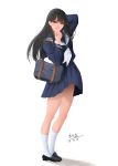  1girl black_hair blush brown_eyes closed_mouth highres legs lips long_hair original school_uniform serafuku shoes solo zyl 