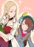  2girls bag bangs blonde_hair breasts brown_hair cardigan closed_eyes dress earrings female_protagonist_(pokemon_swsh) gen_8_pokemon green_eyes green_headwear grey_cardigan hat highres hoop_earrings jewelry kyouno long_hair long_sleeves makeup multiple_girls olive_(pokemon) open_mouth pokemon pokemon_(creature) pokemon_(game) pokemon_swsh red_nails shirt short_hair smile sobble tam_o&#039;_shanter white_coat 