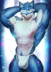  abs blindfold blue_fur bulge canid canine canis cartuja clothing countershading dkqksms1004 domestic_dog epic7 fundoshi fur hands_behind_head hi_res japanese_clothing mammal navel nipples pinup pose pubes smile underwear white_countershading 
