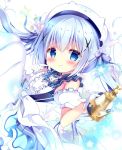  1girl azumi_kazuki bangs blue_eyes blue_hair blue_ribbon blue_skirt blush bow bunny_hair_ornament center_frills character_hat closed_mouth commentary_request detached_sleeves eyebrows_visible_through_hair frills gloves gochuumon_wa_usagi_desu_ka? hair_between_eyes hair_ornament hair_ribbon hands_up highres holding kafuu_chino knees_up long_hair pantyhose puffy_short_sleeves puffy_sleeves ribbon shirt short_sleeves skirt sleeveless sleeveless_shirt smile solo star tippy_(gochiusa) twintails very_long_hair white_bow white_gloves white_headwear white_legwear white_shirt white_sleeves x_hair_ornament 