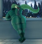  2019 absurd_res alligator alligatorid anthro big_butt butt city cityscape crocodilian disembodied_hand doctordj female hi_res leaning looking_back olivia_(doctordj) raised_tail reptile scalie signature solo thick_thighs 