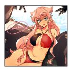  1girl blue_eyes breasts english_text highres large_breasts long_hair maria_cadenzavna_eve navel ocean palm_tree pink_hair senki_zesshou_symphogear sitting swimsuit tree 