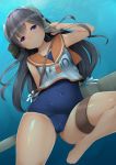  1girl black_hair blue_swimsuit cameltoe covered_navel headgear i-400_(kantai_collection) kantai_collection long_hair looking_at_viewer name_tag ne_an_ito one-piece_swimsuit orange_sailor_collar purple_eyes sailor_collar school_swimsuit shirt sleeveless sleeveless_shirt smile solo submerged swimsuit swimsuit_under_clothes tan 