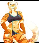  abs bra camel_toe clothing coffaefox felid female hi_res looking_at_viewer mammal mouth_hold muscular muscular_female nipple_outline pantherine panties panty_pull smile smirk solo tiger underwear 