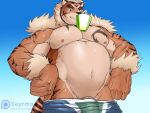  2019 4:3 5_fingers anthro belly clothing eyebrows felid fingers fur hi_res hombretigre looking_at_viewer looking_down male mammal musclegut muscular muscular_male navel nipples obliques orange_fur pantherine penis penis_base seyrmo solo straw stripes tan_hair tiger tokyo_afterschool_summoners undressing vein veiny_penis video_games 
