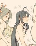  2girls ahoge black_hair blush brown_hair hachimaki headband high_ponytail hinata_hibari implied_sex japanese_clothes kantai_collection long_hair multiple_girls nude ponytail shouhou_(kantai_collection) translation_request very_long_hair zuihou_(kantai_collection) 