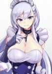  1girl azur_lane belfast_(azur_lane) blue_eyes braid breasts chain cleavage collar dress eyebrows_visible_through_hair gloves grey_background hair_between_eyes hand_on_own_chest highres large_breasts long_hair looking_at_viewer maid_headdress marshall2033 sidelocks silver_hair simple_background smirk solo upper_body white_gloves 