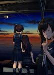  3girls ;) akagi_(kantai_collection) bangs bench black_hair black_legwear black_shirt black_skirt blush bottle breasts brown_eyes brown_hair cloud evening eyebrows_visible_through_hair finger_to_mouth from_behind hair_between_eyes hair_ribbon highres hiryuu_(kantai_collection) ichikawa_feesu kaga_(kantai_collection) kantai_collection kneehighs leaning_on_person leaning_to_the_side long_hair looking_at_viewer multiple_girls one_eye_closed outdoors pleated_skirt ponytail ribbon sailor_collar scenery school_uniform serafuku shirt short_sleeves shushing side_ponytail sidelocks sitting skirt sky smile socks standing sunset water white_ribbon 