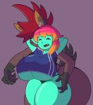  big_breasts big_butt black_fur breasts brown_fur butt canid canine clothing female female/female fur green_skin hair hi_res huge_breasts huge_butt humanoid mammal pepper_(vammzu) red_hair shirt short_stack thick_thighs topwear vammzu wide_hips 