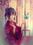  1girl absurdres black_hair black_nails bug butterfly earrings floral_print hair_between_eyes hair_bun hair_ribbon highres insect japanese_clothes jewelry kimono limeblock obi original red_eyes red_kimono red_ribbon ribbon sash sidelocks solo wide_sleeves 