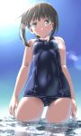  1girl absurdres ass_visible_through_thighs bare_arms black_eyes black_hair blue_swimsuit blush breasts collarbone commentary covered_navel day dd_(ijigendd) fubuki_(kantai_collection) highres kantai_collection looking_at_viewer low_ponytail old_school_swimsuit one-piece_swimsuit ponytail school_swimsuit school_swimsuit_flap short_ponytail sidelocks small_breasts solo swimsuit 