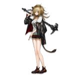  1girl animal_ears arknights axe bangs bare_shoulders black_coat black_footwear black_nails blonde_hair boots breasts candy cleavage coat collarbone expressionless eyebrows_visible_through_hair food full_body fur-trimmed_coat fur-trimmed_jacket fur_trim hair_between_eyes holding holding_axe holding_food infukun jacket large_breasts lion_ears lion_tail lollipop long_hair looking_at_viewer nail_polish official_art shorts siege_(arknights) solo staff standing studded_choker tail tank_top white_tank_top yellow_eyes 