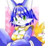  2019 accessory anthro black_nose blue_eyes blue_fur blue_hair blush breasts canid canine clothing crossover dipstick_tail duo female fox fur green_eyes hair headband hi_res jewelry krystal male mammal markings miles_prower multicolored_tail necklace nintendo short_hair shoulder_pads signature smile sonic_(series) star_fox tailband tailchana video_games white_fur yellow_fur 