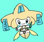  ambiguous_gender clothing english_text green_eyes jirachi legendary_pok&eacute;mon legwear lingerie looking_at_viewer low_res marker nintendo panties pok&eacute;mon pok&eacute;mon_(species) simple_background solo stockings subjectdie_(artist) text underwear video_games 
