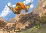  2019 ambiguous_gender barioth capcom day detailed_background digital_media_(artwork) feral flying_wyvern group hi_res jun&sup2;_tacuyan monster_hunter mud open_mouth outside sand_barioth sky teeth tongue video_games 