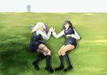  andou_(girls_und_panzer) bangs bc_freedom_school_uniform blonde_hair building closed_eyes dark_skin field girls_und_panzer hand_on_own_stomach holding_hands long_sleeves lying medium_hair messy_hair necktie on_back on_grass on_side oshida_(girls_und_panzer) school_uniform skirt sky sleeping socks sweater sweater_removed thighs vest yawl yuri 