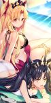  :d armlet ass bangs barefoot beach beach_mat beach_umbrella bikini black_bikini black_hair blonde_hair blush breasts cleavage dya earrings ereshkigal_(fate/grand_order) eyebrows_visible_through_hair fate/grand_order fate_(series) gold hair_ribbon highres hoop_earrings ishtar_(fate/grand_order) ishtar_(swimsuit_rider)_(fate) jewelry large_breasts long_hair looking_at_viewer lying multiple_girls neck_ring ocean on_stomach open_mouth outdoors parted_bangs red_eyes red_ribbon ribbon sand sarong sidelocks sitting small_breasts smile sunlight swimsuit thighlet tiara two_side_up umbrella white_bikini yuya_(night_lily) 