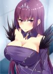  1girl blush breasts cleavage detached_collar dress eyebrows_visible_through_hair fate/grand_order fate_(series) feather-trimmed_sleeves frown hair_between_eyes hair_ornament highres huge_breasts long_hair looking_at_viewer nishimura_pn purple_eyes purple_hair purple_sleeves scathach_(fate)_(all) scathach_skadi_(fate/grand_order) solo strapless strapless_dress upper_body very_long_hair 