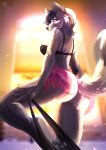  absurd_res anthro bra breasts butt canid canine clothing eri-yo female fur hair hi_res looking_back mammal multicolored_hair smile solo standing underwear undressing 