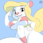  1:1 animaniacs big_breasts bikini breasts clothing dutch_angle female looking_at_viewer mammal minerva_mink mink mustelid musteline nipple_outline simple_background swimwear warner_brothers xylas 