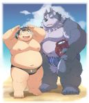  3_eyes anthro ayame42612 beach belly bodily_fluids chubby_protagonist_(tas) clothing eyewear goggles human male mammal multi_ear multi_eye navel nipples overweight seaside speedo sweat swimwear tokyo_afterschool_summoners tsathoggua tusks video_games 