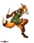  2019 4_toes anthro black_nose canid canine clothed clothing digital_media_(artwork) fox fur green_eyes holding_object holding_weapon kenket mammal orange_fur simple_background smile solo toes weapon white_background 