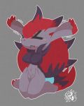  &gt;w&lt; absurd_res anthro black_fur breasts claws featureless_breasts female fur grey_background hair hi_res navel nintendo nyaswitchnya pok&eacute;mon pok&eacute;mon_(species) red_hair simple_background sitting solo stretching video_games zoroark 