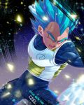  1boy armor artist_name blue_background blue_eyes blue_hair blurry blurry_foreground clenched_hands clothes_writing commentary_request d: dark_background dragon_ball dragon_ball_super dragon_ball_z fighting_stance frown gloves glowing glowing_eyes gradient gradient_background korean_commentary looking_away male_focus muscle open_mouth purple_background see-through serious shaded_face sparkle sparkle_background spiked_hair super_saiyan_blue tarutobi teeth twitter_username v-shaped_eyebrows vegeta white_background white_gloves 