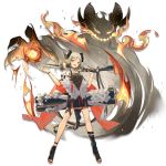  1girl :d arknights bangs black_footwear blonde_hair boots breasts canister choker cloak dress eyebrows_visible_through_hair fire flamethrower flat_chest full_body gas_tank gradient_hair grey_dress grey_hair gun hand_up holding holding_gun holding_weapon horns ifrit_(arknights) leg_strap looking_at_viewer low_twintails multicolored_hair official_art open_mouth open_toe_shoes orange_eyes orange_nails parted_bangs sho_(sho_lwlw) short_dress sidelocks slit_pupils smile solo striped striped_dress tachi-e tail thigh_strap toeless_boots toenail_polish tongue tongue_out transparent_background twintails weapon white_cloak 