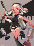  1girl artist_name bangs black_footwear black_shirt black_shorts blunt_bangs blurry_foreground boots burst_bomb_(splatoon) commentary detached_sleeves domino_mask english_commentary english_text full_body grey_hair gym_shorts headphones highres holding holding_weapon inaba_shounosuke ink_tank_(splatoon) inkling logo looking_at_viewer mask n-zap_(splatoon) nintendo open_mouth red_eyes shirt short_hair short_shorts shorts signature sleeveless sleeveless_shirt smile solo sparkle sparkling_eyes splatoon_(series) splatoon_2 standing standing_on_one_leg tan tanline tentacle_hair weapon 