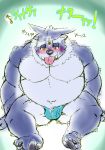  3_eyes belly blush bulge bumomomoboa clothing hi_res invalid_tag japanese_text male multi_ear multi_eye musclegut overweight pawpads sitting speedo swimwear text tokyo_afterschool_summoners tongue tsathoggua tusks video_games 