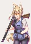  2017 animal_humanoid ayyh15 belt blonde_hair breasts canid canid_humanoid canine canine_humanoid clothed clothing dress_shirt eyewear female fluffy fluffy_tail fur glasses grey_background gun hair hi_res holding_object holding_weapon humanoid inner_ear_fluff mammal mammal_humanoid open_mouth portrait ranged_weapon shirt shotgun simple_background solo tan_fur three-quarter_portrait topwear weapon white_fur 