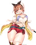  1girl :d absurdres arm_behind_back artist_name atelier_(series) atelier_ryza blush breasts brown_eyes brown_hair cleavage dole_(lo628) eyebrows_visible_through_hair hat highres large_breasts looking_at_viewer navel open_mouth red_shorts reisalin_stout short_hair short_shorts shorts simple_background smile solo standing thigh_gap thighhighs thighs white_background white_headwear white_legwear 