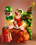  2013 biped breasts candy candy_cane christmas christmas_tree cleavage clothed clothing digital_media_(artwork) dress ear_piercing elf eyebrows eyelashes female food gift green_eyebrows green_hair hair hi_res holidays humanoid humanoid_pointy_ears kneeling looking_at_viewer luigi mario_bros nerdbayne nintendo not_furry pale_skin piercing short_hair signature smile solo teddy_bear tree video_games 