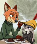  2019 anthro cake canid canine claws clothed clothing disney female food fox fur inner_ear_fluff judy_hopps lagomorph leporid male mammal nick_wilde rabbit simple_background ziegelzeig zootopia 