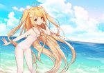  1girl ahoge arm_up beach blonde_hair breasts cameltoe cloud covered_navel hair_ornament hairclip hand_in_hair heart_ahoge leaning_forward long_hair niliu_chahui ocean one_eye_closed original outdoors outstretched_arm red_eyes ribbon school_swimsuit sky small_breasts smile solo swimsuit thighhighs tokisaki_asaba two_side_up very_long_hair white_legwear white_school_swimsuit white_swimsuit wind 