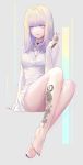  1girl absurdres arm_support bad_id bad_pixiv_id bangs barefoot bra bra_through_clothes breasts candy choker diamond_ring food full_body grey_background highres holding holding_food huyou_(awegk) jewelry leg_tattoo lollipop long_hair long_sleeves looking_at_viewer medium_breasts necklace original parted_lips purple_eyes purple_nails shirt sidelocks simple_background sitting skirt tattoo thighs underwear white_bra white_choker white_hair white_shirt white_skirt 