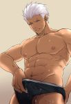  1boy archer brown_eyes chachi_(soulga) edging_briefs fate_(series) male_focus muscle navel nipples pectorals pubic_hair shirtless solo standing sweat underwear wet 