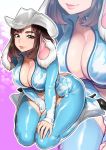  1girl agawa_ryou animal_ears belly belt breasts brown_eyes brown_hair bunny_ayumi bunny_ears chaps cleavage commission cowboy_hat hat high_heels highres large_breasts lips looking_at_viewer navel real_life see-through short_hair sitting solo thick_eyebrows unzipped wariza zoom_layer 
