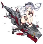  1girl ;d arm_support azur_lane bare_shoulders black_footwear black_hairband black_legwear blue_eyes boots breasts cleavage closed_mouth fingernails grey_hair hair_ornament hairband long_hair looking_at_viewer official_art one-piece_swimsuit one_eye_closed open_mouth parted_lips saru small_breasts smile swimsuit tail thigh_boots thighhighs translation_request transparent_background twintails u-522_(azur_lane) v-shaped_eyebrows very_long_hair white_swimsuit wrist_cuffs 