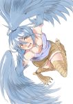 ahoge animal_humanoid avian avian_humanoid ayyh15 blue_feathers blue_hair breasts clothed clothing feathers female hair harpy hi_res humanoid looking_at_viewer monster_musume nipples open_mouth papi_(monster_musume) simple_background solo white_background yellow_eyes 