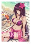  1girl alternate_costume beach beach_chair bikini border bracelet breasts cleavage cocktail_glass collarbone crossed_legs cup day drinking_glass fate/grand_order fate_(series) flower food fruit gae_bolg hair_flower hair_intakes hair_ornament haoni hibiscus holding holding_cup jewelry large_breasts leg_garter looking_at_viewer navel ocean page_number pink_bikini plate purple_bikini purple_hair purple_sarong red_eyes sample sand sarong scathach_(fate)_(all) scathach_(swimsuit_assassin)_(fate) sitting smile solo swimsuit table white_border 