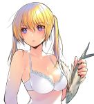  1girl blonde_hair blue_eyes blush bra breasts chestnut_mouth cleavage fish highres looking_away medium_breasts official_art onishima_homare parted_lips sagaraise simple_background skindentation solo sounan_desuka? twintails underwear upper_body white_background white_bra 