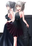  2girls absurdres ak-12_(girls_frontline) an-94 an-94_(girls_frontline) assault_rifle bare_shoulders black_dress blush breasts buckle closed_eyes closed_mouth dress dress_lift eyebrows_visible_through_hair from_side girls_frontline green_eyes gun hair_between_eyes hair_ornament highres holding long_hair looking_at_viewer multiple_girls ponytail rifle rino_rea simple_background smile standing suitcase weapon white_background white_hair 