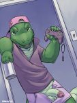  2019 anthro backwards_baseball_cap balls baseball_cap can clothed clothing controller crocodile crocodilian crocodylid digital_media_(artwork) game_controller hat headgear headwear hi_res humanoid_penis looking_at_viewer male open_pants penis reptile rinzy scalie smile solo 