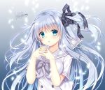  1girl blue_eyes breasts commentary_request eyebrows_visible_through_hair floating_hair gradient gradient_background hair_between_eyes hair_ribbon hands_together large_breasts long_hair looking_at_viewer original petals ribbon ryuuga_shou sailor_collar shiny shiny_hair short_hair signature silver_hair simple_background solo white_serafuku 