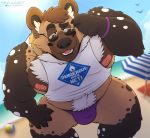  african_wild_dog anthro beach belly black_nose body_hair bottomwear brown_eyes brown_fur bulge canid canine chest_hair clothing cloud dangerous_when_wet darius_davis detailed_background digital_media_(artwork) eyebrows eyewear frohawk front_view fur grin hair hi_res leaning_over looking_at_viewer male mammal multicolored_fur muscular muscular_male nipple_piercing nipples open_mouth outside pecs piercing pubes raised_eyebrow seaside sky smile solo speedo sun sunglasses swimwear themongrel thick_thighs water white_fur 